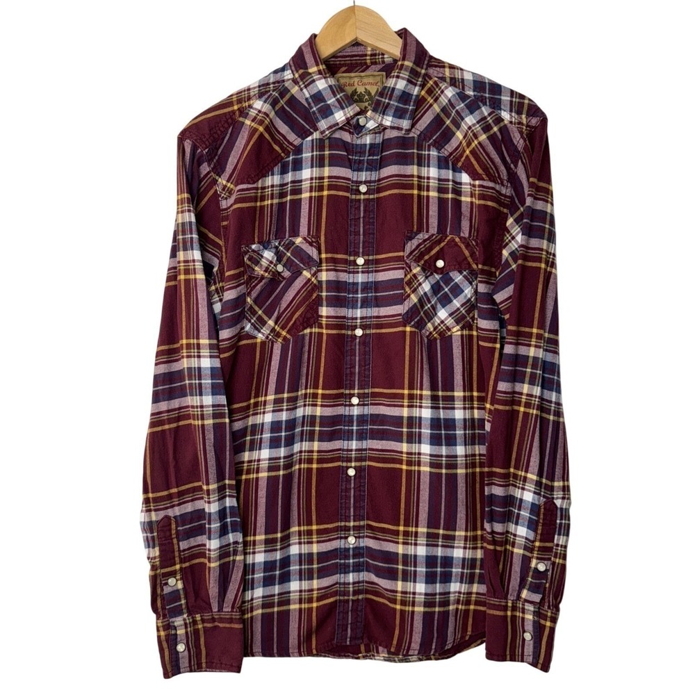 Red Camel Western Flannel Shirt Men Large Burgundy Plaid Pearl Snap Long Sleeve